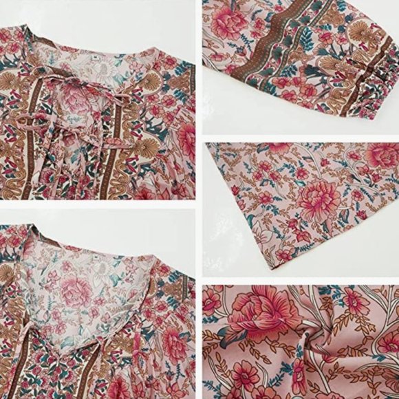 Pink Boho Floral Printed Tie V-Neck Loose Flowy Long Sleeve Top Blouse - Picture 4 of 6